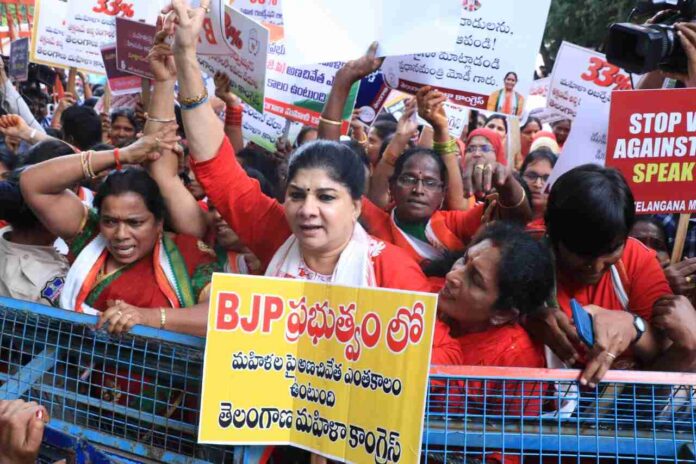 Massive Protest Led by Women's Congress for Women's Reservation at BJP Office